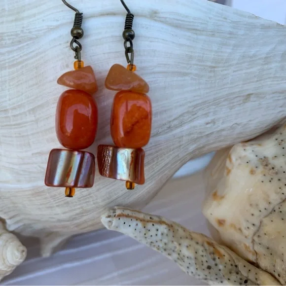 Drop Earrings Orange Tones Handcrafted Mixed Beads and Shell Materials Boho Chic - Picture 2 of 10